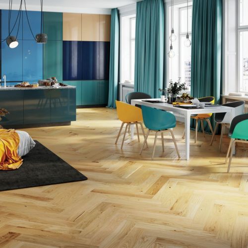 Parquet en Chêne contrecollé Bâton Rompu brossé, verni